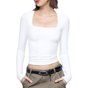 Women's Splashed White Square Neck Long Sleeve T Shirts Slim Fit Tops Collection